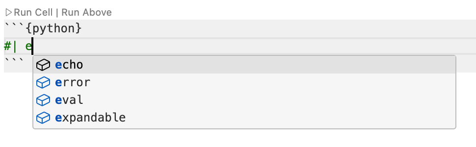 Positron Editor with a code cell option comment. The user has typed `#| ` followed by `e` and the code completion menu is open, showing available options including `echo`, `error`, `eval` and `expandable`.