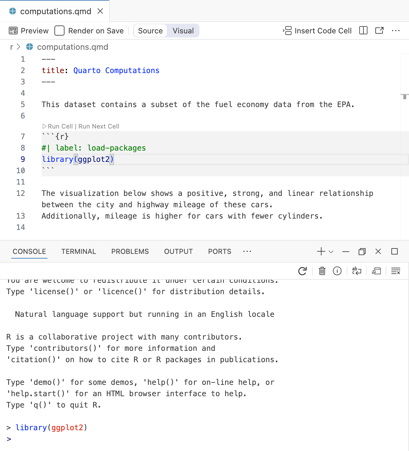 Positron with `computations.qmd` open in Editor centered on a code cell with the label `load-packages`. The Console is open, showing the output of running the code in the code cell.