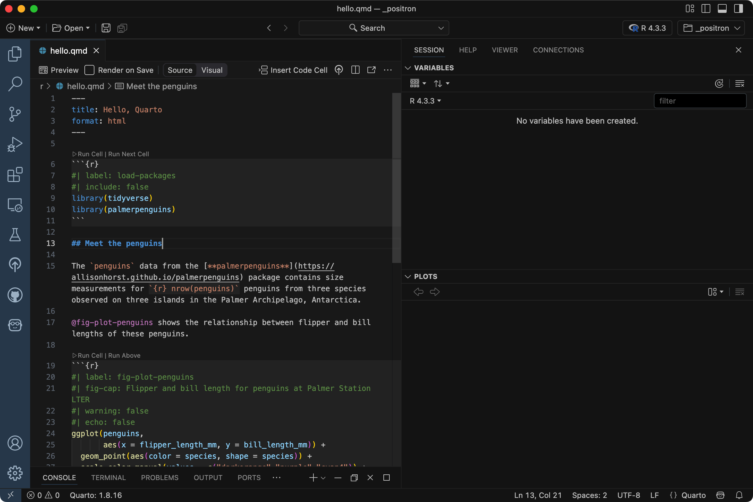 Positron with a file called `hello.qmd` open in the Editor.